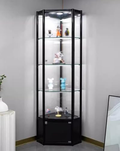 YFWOKSL Vitrine, Glasvitrinen, 70 Zoll hohe Eckvitrine mit Glastüren und Lichtern, schwarzer abschließbarer Sammlerschrank für Wohnzimmer/Schlafzimmer, geschlossener Bücherregalständer
