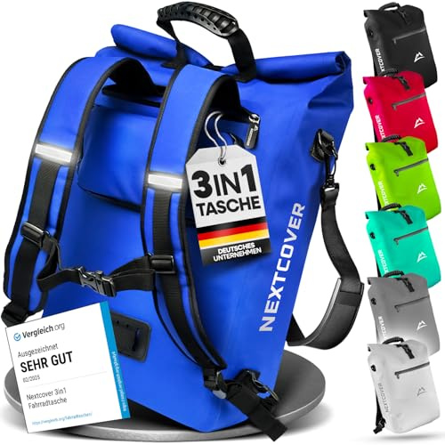Nextcover® NEU 3in1 Fahrradtasche für Gepäckträger [PVC frei] - Gepäckträgertasche, Fahrradtasche Rucksack und Umhängetasche 25L I Fahrrad Tasche wasserdicht, Fahrradtaschen Gepäckträger