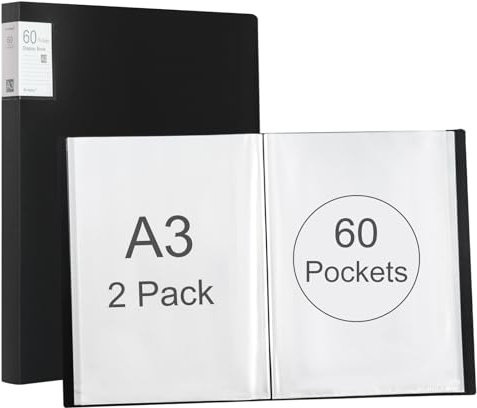 Srvnpioy 2 Pièces Porte-Vues A3 60 Pochettes 120 vues, Livre D'affichage, Présentation Affichage du Livre A3 Protège-Documents, en Polypropylène,Noir