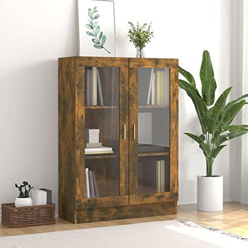 Mueble vitrino negro moderno con puertas de cristal ahumado, 82,5 x 30,5 x 115 cm, madera de ingeniería