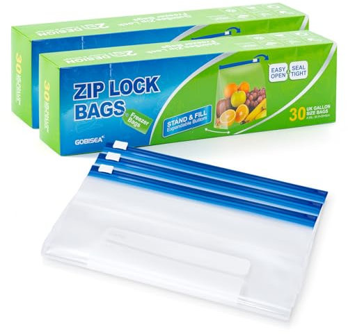 GobiSea 60 Pcs Zip Lock Freezer Bags - 4.55L, Ziplock Sandwich Bags Food Storage Bag Zip Seal, BPA-Free Freezer Bag Ziplock with Expandable Bottom for Fruits, Veggies, Meat, Grains