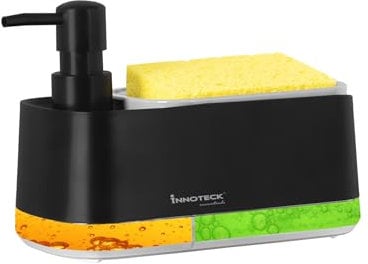 Innoteck Essentials Dual Soap Dispenser with Sponge Holder – Separate Hand & Dish Soap Pumps, Visible Liquid Windows, Easy Refill Funnel, Non-Slip Base, Water Drip Tray – 800ml Total Capacity