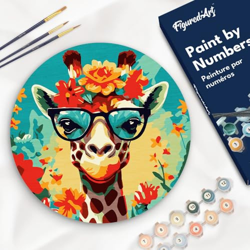 Figured'Art Malen nach Zahlen für Erwachsene auf einer Holzscheibe von 30 cm Durchmesser - Fantasie-Giraffe und Blumen - Paint by Numbers Basteln DIY Bastelset
