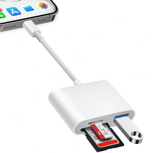 Lector de Tarjetas SD para iPhone 5-14 Gama/iPad (Lightening Port), SD Card Reader con 3 Ranuras, Tarjeta SD y Micro SD y Ranura USB Ranura, Leitor Cartao SD Plug and Play, SD Card Reader