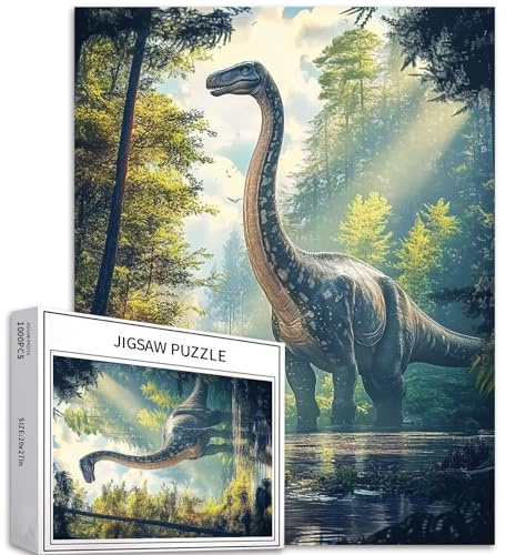 Casse-tête brachiosaure de 1000 pièces - Dinosaure ancien dans une forêt magique avec arbres éclairés par le soleil - Art numérique HD pour adultes - 68,6 x 50,8 cm - Jeux d'activités familiales