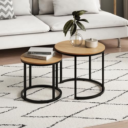 Home Collective Couchtisch 2er Set rund aus Holz, Wohnzimmertisch Modern, Beistelltisch Set 2 in 1 mit Metallgestell für Wohnzimmer Büro Beistelltisch Loft Design Twin | Eiche hell