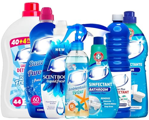 Asevi 7 Piece Spanish Cleaning Products Bundle, Air Freshener 400ml, Fabric Scent Booster 720ml, Floor Cleaner 1L Fabric Conditioner 60W Disinfectant 750ml Bathroom Cleaner 720ml Laundry Detergent 44W