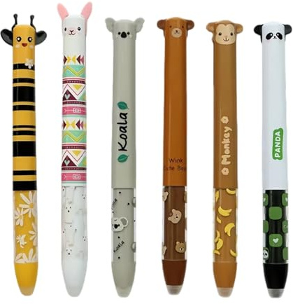 6er-Pack Radierbarer Kugelschreiber, 2025 Süße Radierbare Stifte mit Blau und Rosa Mine, EBiene, Panda, Koala, Bär Gelstifte Radierstift 0,7 mm, Cartoon Erasable Pen für Kinder Studenten Geschenk