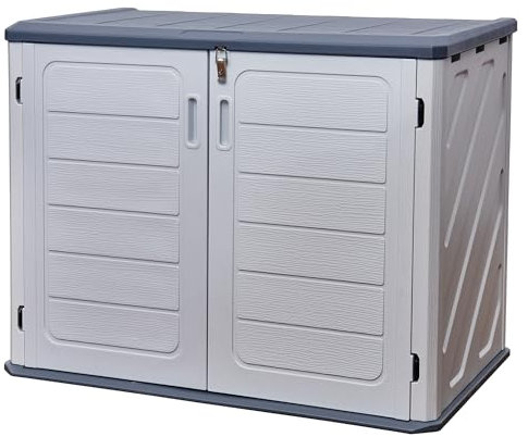 Garden Storage Shed 4ft X 3ft,Plastic Resin Horizontal Storage Sheds Outdoor Waterproof Grey Storage Box with Lockable Door for Backyard, Patio, Lawn, Grey & White