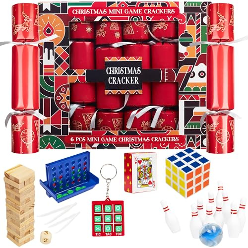 KreativeKraft Christmas Crackers Pack of 6, Mini Games or Wind Up Toys for Kids Family Dinner Parties, with Party Hats & Joke, Xmas Festive Decor (Red Mini Game)