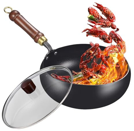 Générique Kochwok - Big Wok | Fer + Bois + Verre Iron Wok Pour Le Ménage | Pan De Fer Ergonomique Non Enrobée Avec Couvercle Pour La Maison, À L'extérieur, Dans Le Restaurant, Au Camping