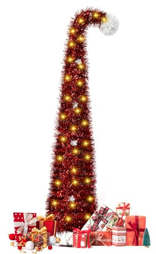 Sapin de Noël Artificiel Premium 180 cm, PVC Arbre de Noel avec Lumineux LED, Pliable Sapin de Noël en Forme (Arbre de Noël à torchon Rouge)