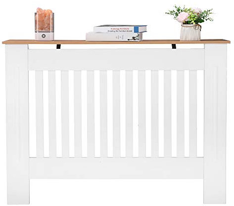 Alightup Cache Radiateur 106 x 17 x 80,5 cm en MDF Peint - Couvercle Design Armoire avec Lattes en Bois et Grille Étagère Supérieure
