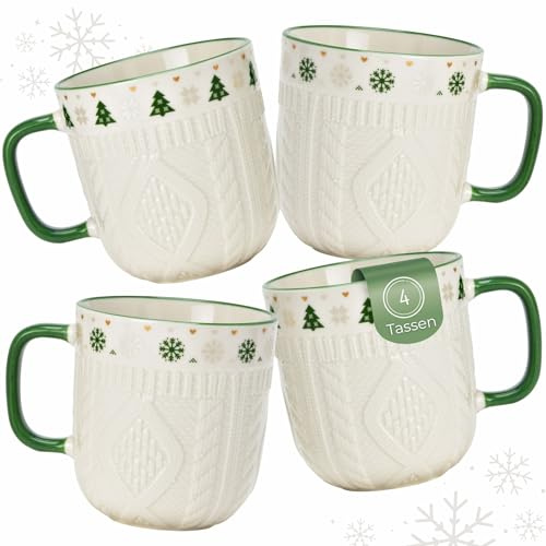 Schönes Weihnachtstassen 4er Set - Große 350 ml Kaffee-Tassen mit Hygge Strick-Muster Weihnachtsmotiven