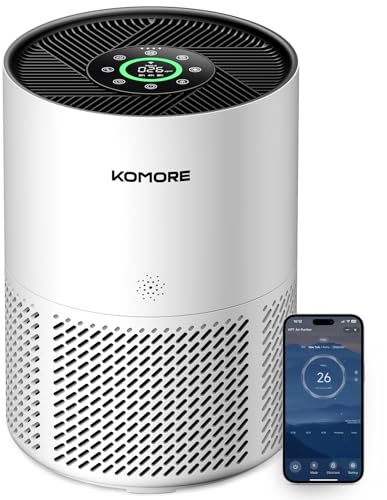 KOMORE Air Purifier Smart WiFi Hepa Filter CADR 350m³/h for Home, Bedroom | For Rooms up to 72 m², PM2.5 Monitor, 4 Speed Quiet Sleep Auto Mode with Timer Child Lock for Smoke Pet Odours Pollen