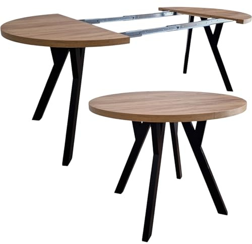 VALLH Giuseppe runder ausziehbarer Esstisch – Tisch mit Metallschienen – Eiche Craft Gold – Schwarze Beine – 100x100 100x150 100x200 – für Esszimmer Küche Wohnzimmer (Schwarz, 100x100 / 200)