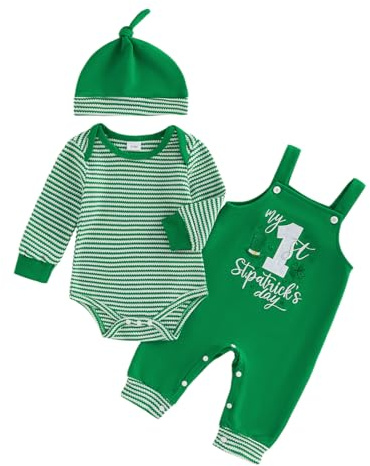 Haomibacu Infant Baby Boys First St. Patrick Day 3Pcs Outfits Striped Romper Letter Shamrock Embroidery Dungarees Hat Clothes Set
