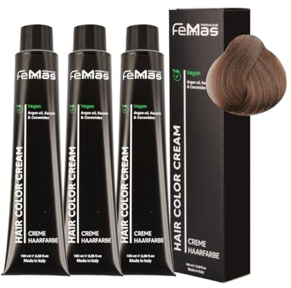 FemMas Haarfarbe 3x Mittelblond Perlblond 7.08 I Creme Haarfarbe mit Arganöl, Keratin & Ceramiden I dauerthafte Haarfärbung oder Tönung für strahlende Farbergebnisse I 100 ml