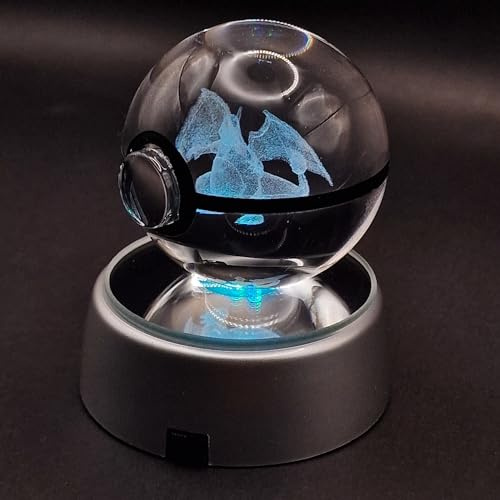 Kristallkugel 3D LED RGB - Lampe mit Lasergravur Fantastische Kreaturen - Nachtlicht für Zimmer und Gaming - Inklusive Lichtbasis (DRGON)