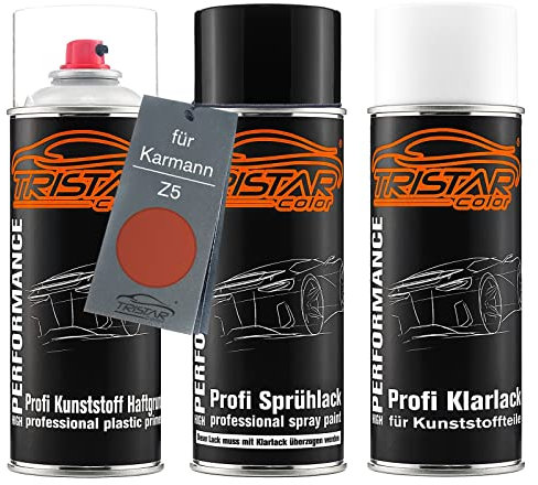 TRISTARcolor Autolack Spraydosen Set für Kunststoff Stoßstange für Karmann Z5 Rot Metallic/Red Metallic Haftgrund Basislack Klarlack mit Weichmacher Sprühdose
