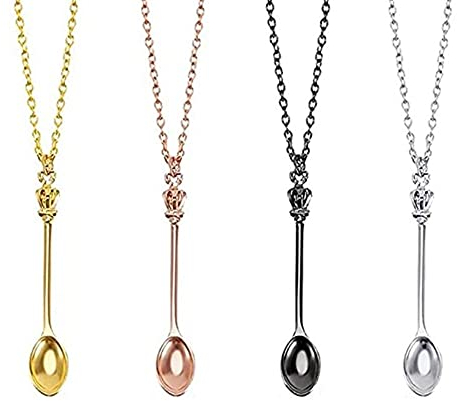 KOMUNJ Lot de 4 colliers avec pendentif cuillère à café - Argenté, or, or rose, noir, Zinc