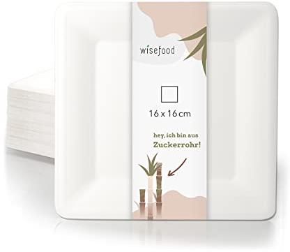 wisefood Zuckerrohr Teller - 100 Stück Bagasse Einwegteller quadratisch 16cm - Einmal Pappteller ideal als Partyteller oder Speiseteller - Nachhaltiges Zuckerrohr Geschirr ohne PLA/PE
