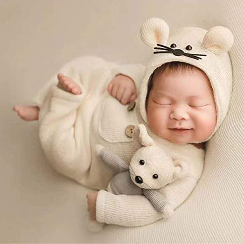 Neugeborene Fotografie Requisiten, Kleinkind Foto Requisiten Neugeborenes Fotografie Requisite Strickstrampler Hut Ratte Puppe Set Baby Junge Mädchen Foto Requisiten Outfits Weiß