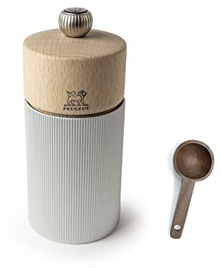 Peugeot Line Manual Pepper Mill, alu, 12 cm - 4.75 Natural Wood - With Wooden Spice Scoop