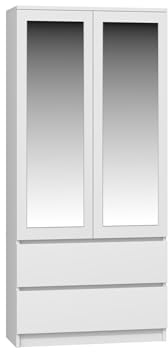 VBChome Armoire 90 x 50 x 180 cm - Blanc - 2 portes et 2 tiroirs - Miroir - Armoire pour chambre à coucher - Armoire de couloir - Armoire de salon - Armoire blanche avec miroir