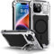 Lanhiem iPhone 14 Case, Tempered Glass Screen Protector & Camera Kickstand - Heavy Duty Metal Tough Case, Full Protective Cover (Silver)
