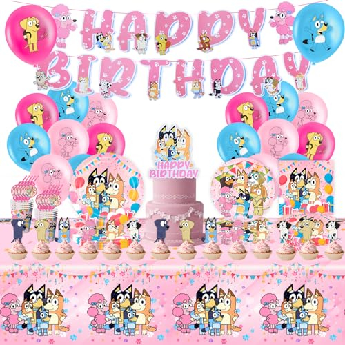 P yumcute 103Pcs Bluey Supplies Set, Party Tableware Set, Reusable Birthday Party Paper Plates Cups Napkins and Tablecloth Happy Birthday Decorations Kids Decorations for 20 Guests