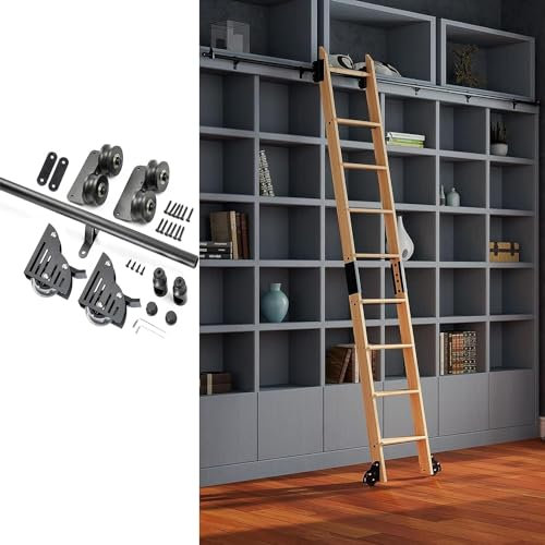 3,3-26,2 Fuß Schwarze Schiebeleiter-Hardware-Rollschienen-Kit für Holzleitern (ohne Leiter), runde Rohr-Mobilleiterschiene, kompletter Satz Hardwareschienen, Bremsen-Unterräder (Gr