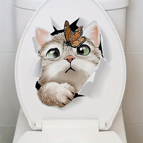 TOLOVIS 3D Creative Cat Butterfly Toilet Cover Sticker Decals,Flower leaf bird Waterproof Toilet Lid Tank Seat Decals Cistern Self-Adhesive Bathroom Wall Sticker, TOLOVIS-001