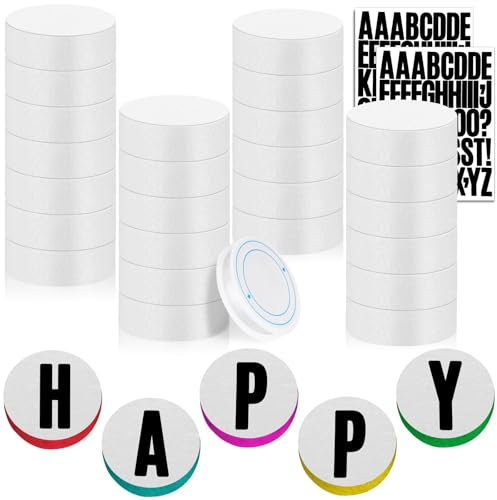 30 Pcs Foam Circles for Crafts, 3 Inch Round Styrofoam Discs with Letter Stickers and Hanging Wire for Friendship Bracelet Making, Blank Cakes and Decorations Sculpture Modeling, DIY Project