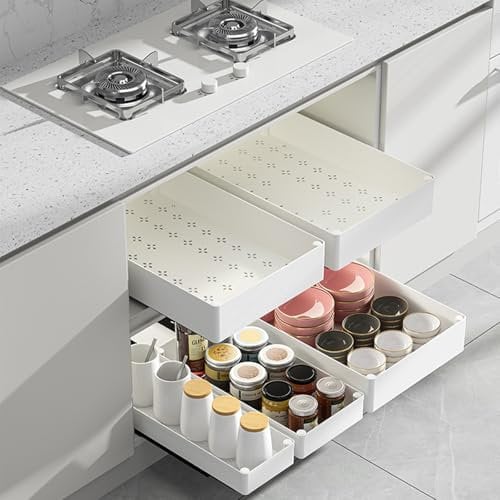 FAMKIT 3 PCS Pull Out Cabinet Organiser,Extendable Slide Out Kitchen Storage Drawer Shelf,No Drill,Roll-Out Sliding Shelf with Rail System,for Kitchen Base Cabinet Organization