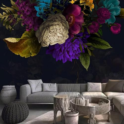 XLMING Vintage Colourful Flower Black Background 3D Wallpaper Home Study Office Dining Room Sofa Bedroom Living Room TV Backdrop-200cm×140cm