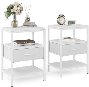 VOWNER Lot de 2 Tables de Chevet, Table D'appoint avec Cadre en Métal et Grand Tiroir en Tissu, Table Basse pour Chambre à Coucher, Salon (Blanc)