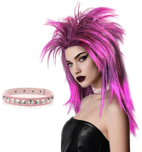 SAIIURV Rose Fushia Perruque Coupe Mulet et Collier pour Adultes, Femme Homme Drole Humour Années 80 Rock Star Perruque Moche Punk Fluo Cheveux Costume Accessoire pour Halloween Carnavals Fête.