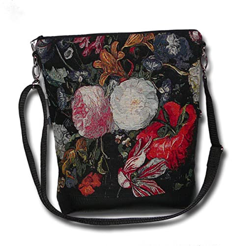 MYLULABAG Damentasche Handtasche bunt romantisch rot Gobelin Blumentasche Umhängetasche mit Kunstleder BLUMEN 2 A