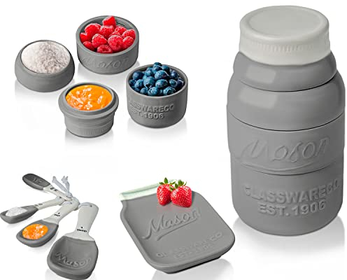 Vintage Mason Jar Kitchenware Set by Comfify - Multi-Piece Kitchen Ceramic Décor Set w/ 4 Measuring Cups, 4 Measuring Spoons and Spoon Rest - Attractive Vintage Style, in Grey Embossed Ceramic