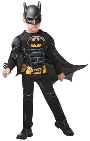 Rubies Official Batman Black Deluxe Costume for Kids – Muscle Chest Jumpsuit with Mask & Cape for Role-Play, Age 5-6 Years