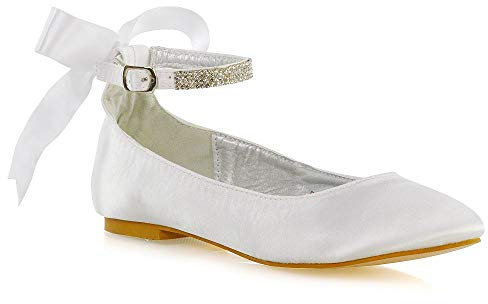ESSEX GLAM Womens Ankle Strap Pumps Shoes Ladies Bridesmaid Satin Diamante Bow Bridal Ballet Shoes 3-8