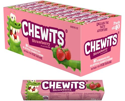 Chewits Strawberry Flavour Chewy Sweets Multipack 40 Sticks, Vegetarian | Bulk Box, Individually Wrapped, Made with Real Fruit Juice, No Artificial Colours, Classic British Sweet