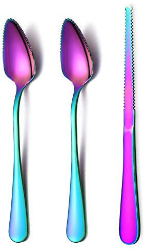 Rainbow Grapefruit Spoons 3 Pieces Set, 2 Stainless Steel Grapefruit Spoon And 1 Grapefruit knife With Titanium Plating, Grapefruit Utensil Set, Serrated Edges Spoon pack of 3 (Rainbow)