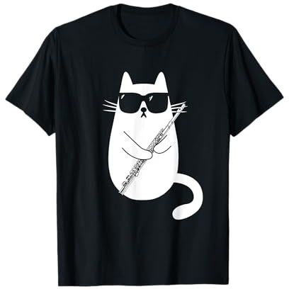 Gatto Divertente con Occhiali da Sole Musicista Flauto Maglietta