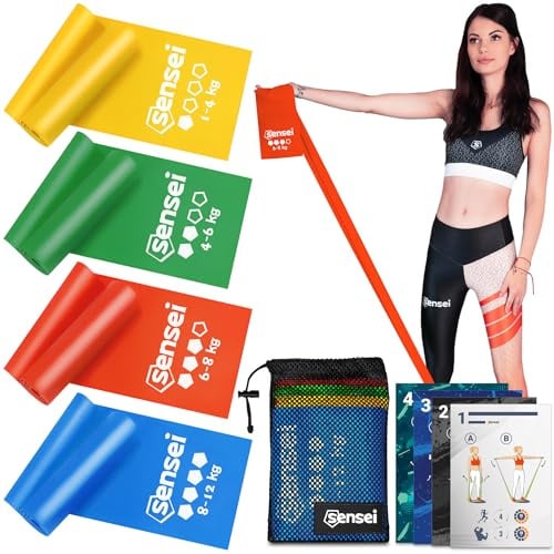 SENSEI® Bande Elastiche Fitness – Set da 4 Elastici di Resistenza 2m in Lattice Naturale per Pilates, Fisioterapia e Allenamento