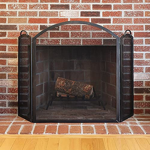 Fire Guard Modern Black Fireplace Screen with 2 Access Handle, Classic 3 Panel Folding Spark Proof Cover, for Electric Fireplaces/Gas Fireplaces/Log Wood Burner