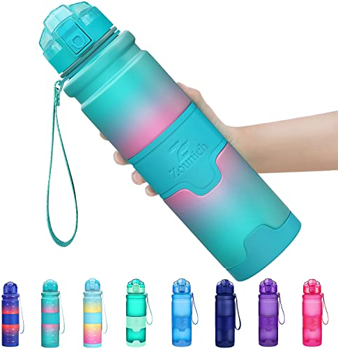 Zounich Trinkflasche 1L BPA frei Auslaufsicher 500ml Wasserflasche Kunststoff Sporttrinkflaschen für Kinder Schule, trinkflaschen Filter Liter kohlensäure geeignet 500ml Hellblau/Lila Farbverlauf