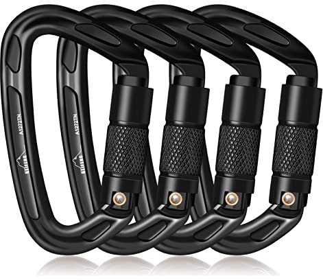 BEIFENG 25KN Auto Locking Carabiner 4-Pack - UIAA Certified Heavy Duty D-Shape Climbing Carabiners with Twist Lock for Rock Climbing, Rappelling, Hammock, Camping, Rescue - Black