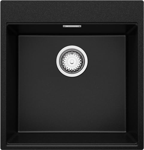 PRIMAGRAN Fregadero Cocina Negro 48x50cm, Granito 1 Seno + Sifón + Enrollable Escurridor, Sobre encimera al mueble 50cm - Oslo